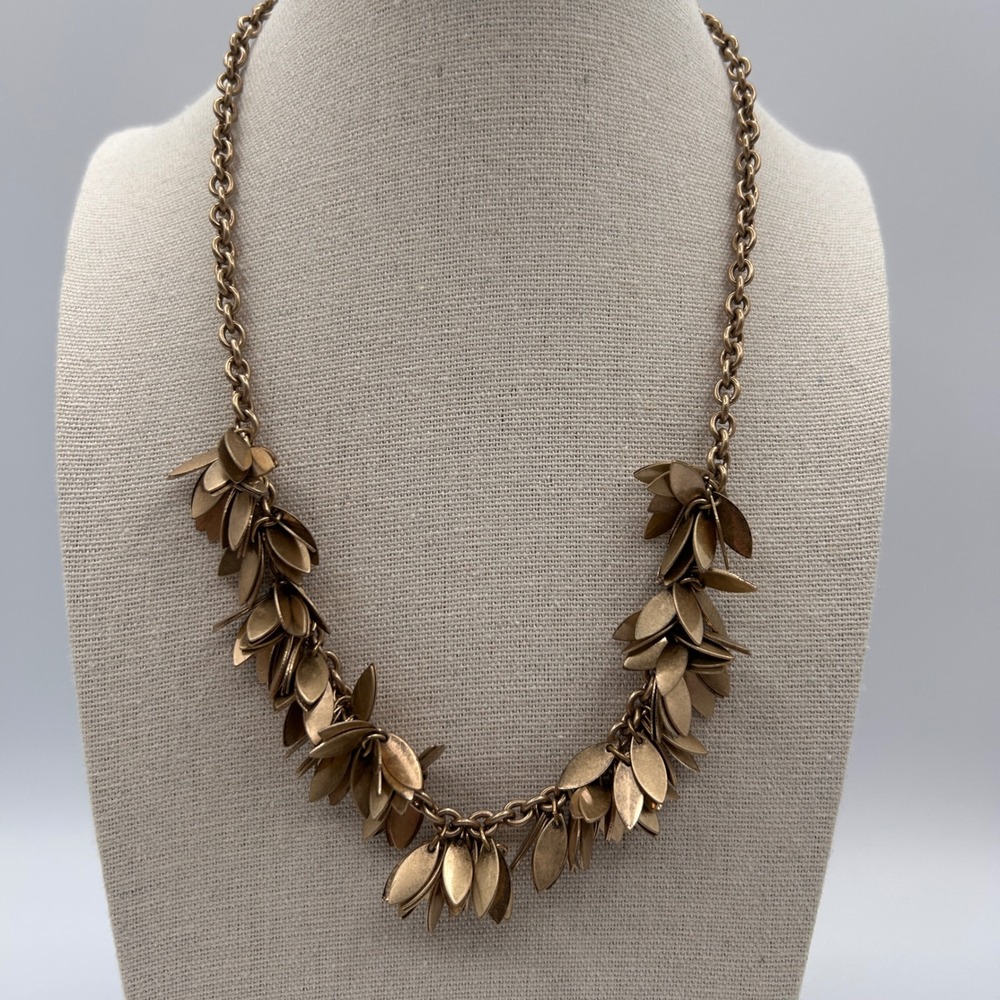 J Crew Gold Tone Leaf Petal Bib Statement Necklace Adjustable Single Strand 18"